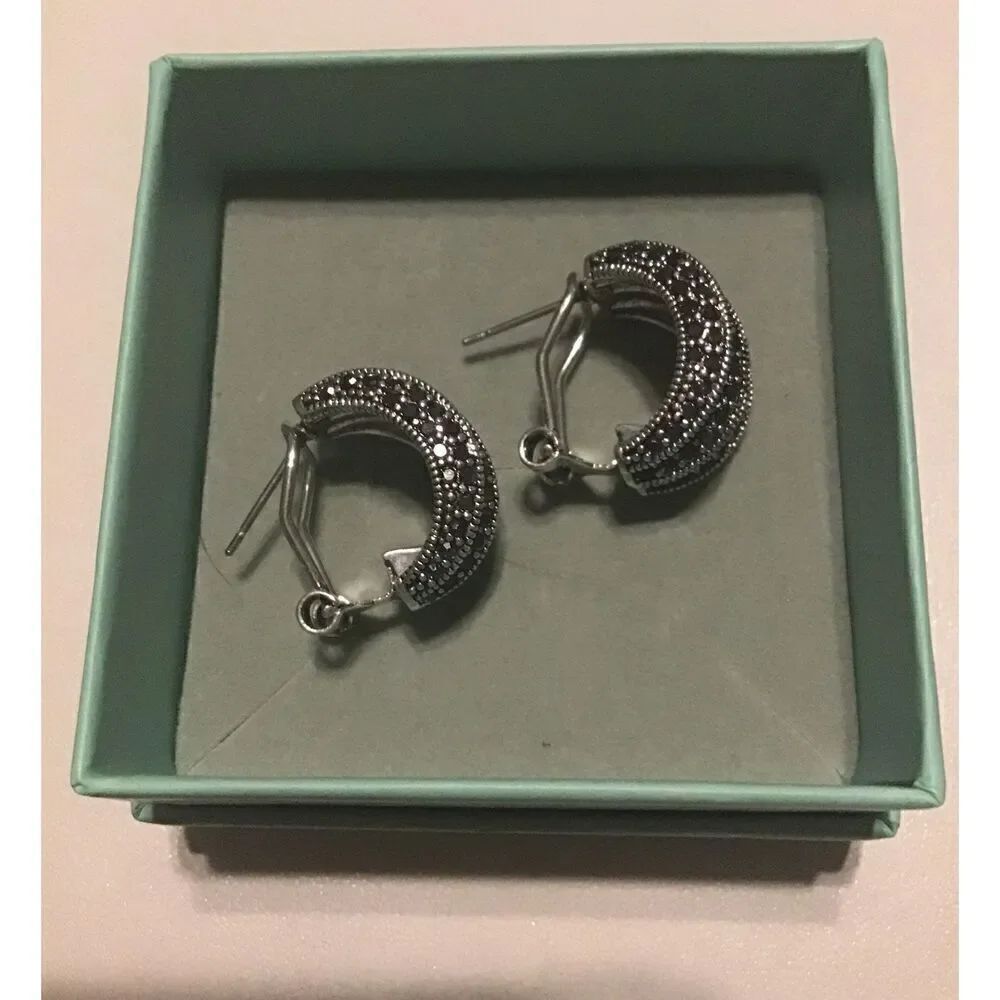 Sparkling Silver Wide Marcasite Gemstone Wave "J" Hoop Leverback Earrings - Picture 6 of 6